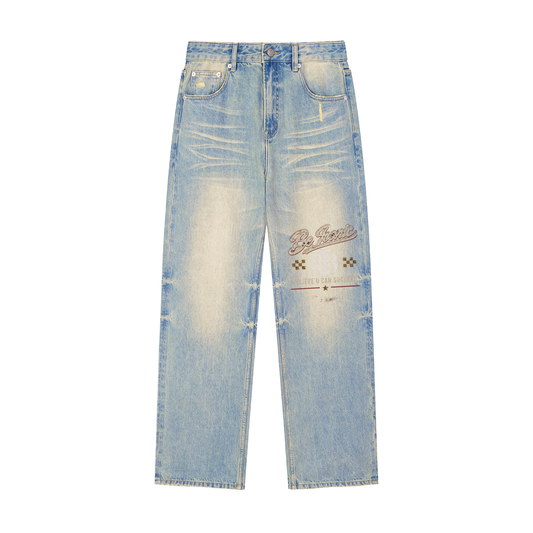 Sun Fade Raw Hem Denim Jeans